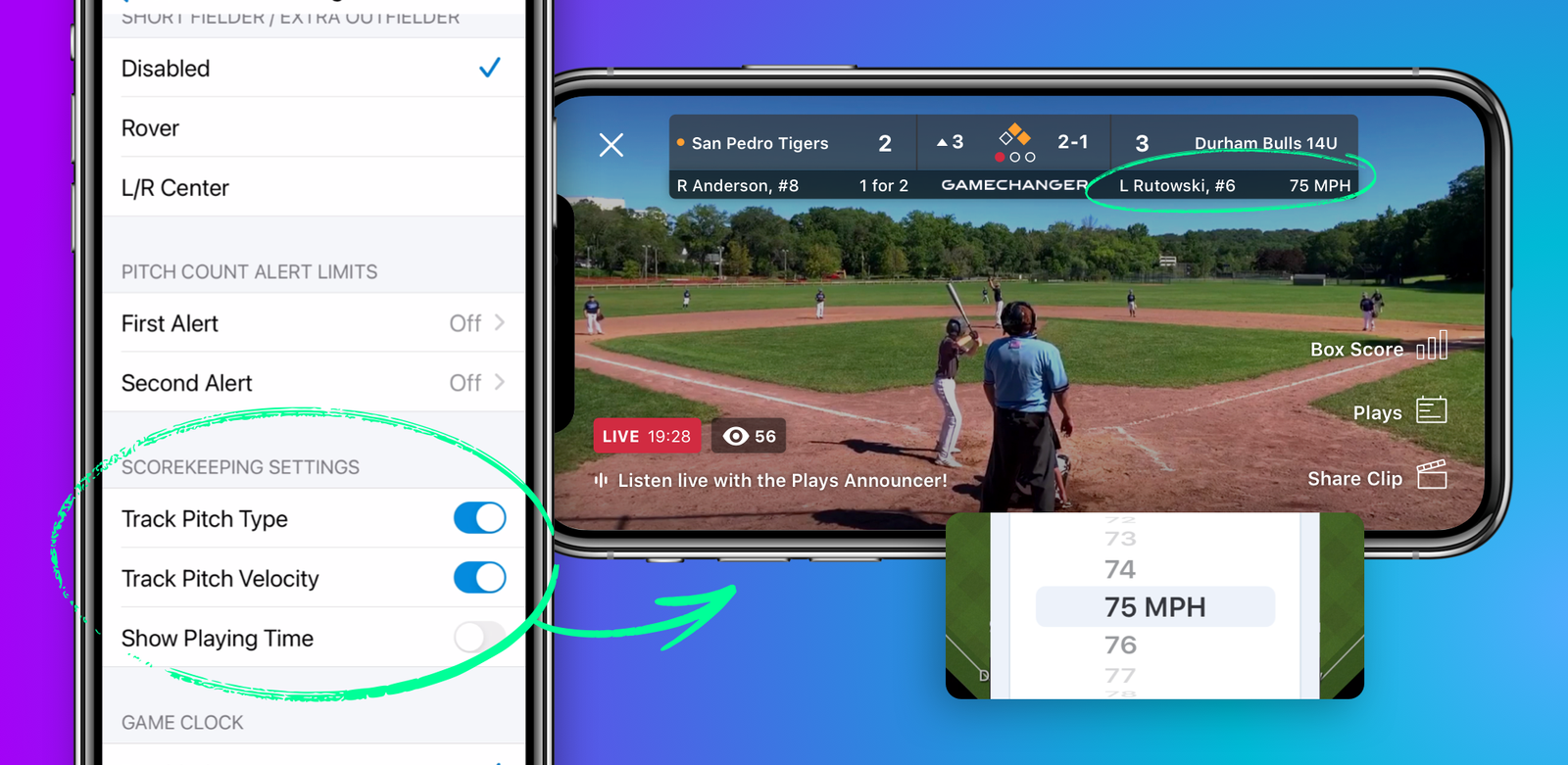 Gamechanger pitch type and velocity tracking